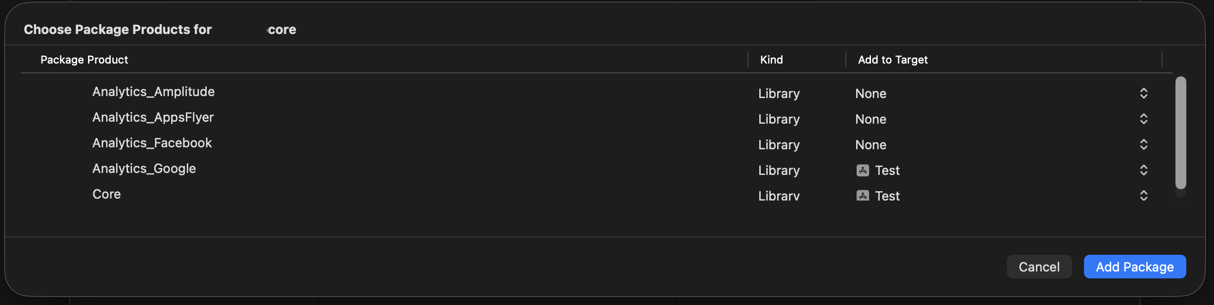 iOS SPM Product Selection